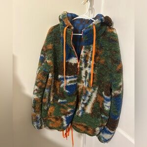 Free People Sherpa/Fleece zip up Hoodie in Green-Blue Camo with Orange Drawcords